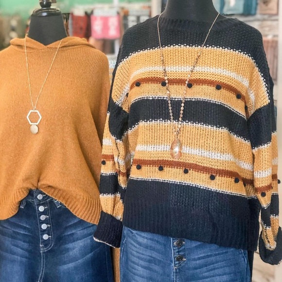 Urban Flamingo Boho Striped Sweater Black Mustard Pom Poms NWOT - Picture 1 of 3